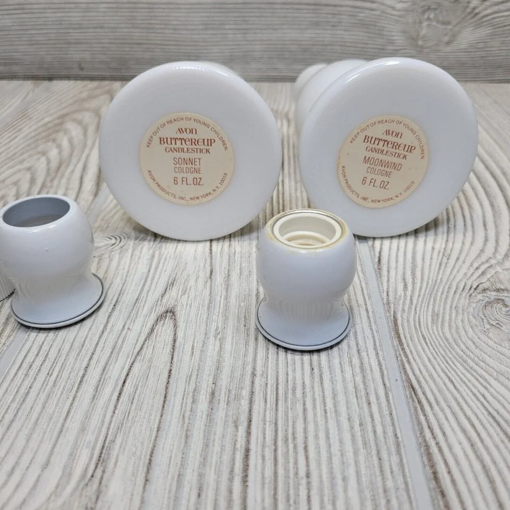 Avon Buttercup Candlestick Cologne Bottles Sonnet Moonwind‎ White Milk Glass Set